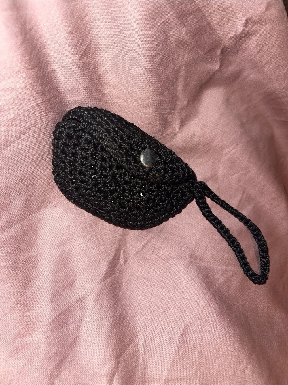 Versatile Black Crochet Wristlet Pouch for coins, folded currency AND AirPod.